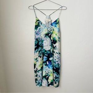 CYNTHIA ROWLEY SILK Racerback Mini Dress Watercolor Floral Blue/Green 4